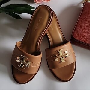 Tory Burch Tan Slide Sandals with Gold Logo